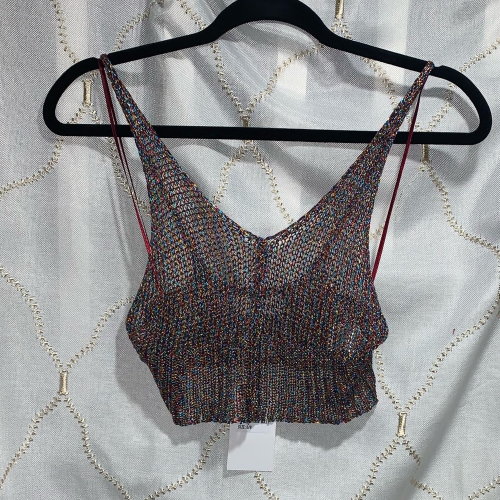 NWT INTHESTYLE MULTI COLORED CROCHET KNIT CROP TOP